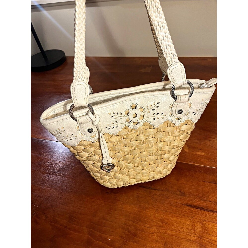 VTG Brighton Woven Straw Tote White Floral Cutout Leather Heart Charm